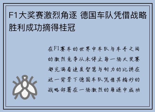 F1大奖赛激烈角逐 德国车队凭借战略胜利成功摘得桂冠
